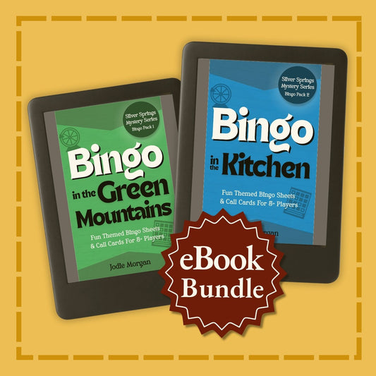 Two eBook covers titled 'Bingo in the Green Mountains' and 'Bingo in the Kitchen' on a yellow background with a 'eBook Bundle' label.