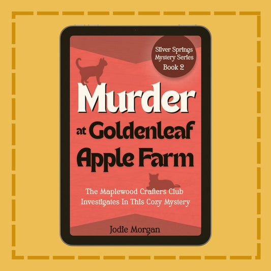 Book cover of 'Murder at Goldenleaf Apple Farm' on a yellow background