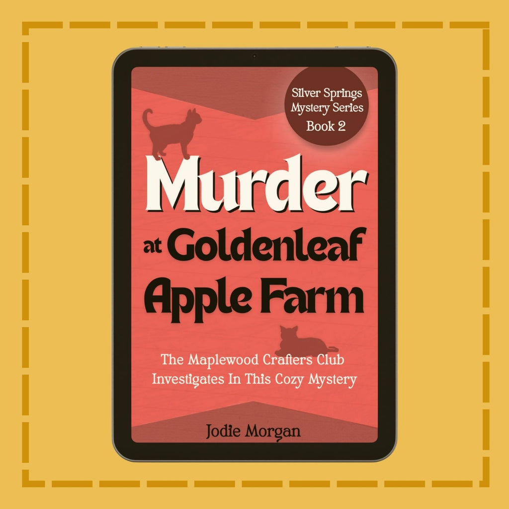 Book cover of 'Murder at Goldenleaf Apple Farm' on a yellow background
