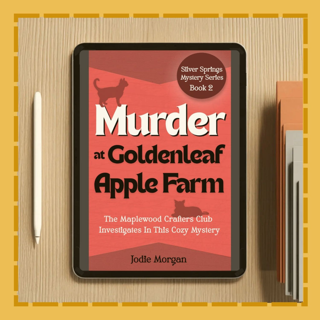 Tablet displaying the book cover of 'Murder at Goldenleaf Apple Farm' by Jodie Morgan on a wooden surface.