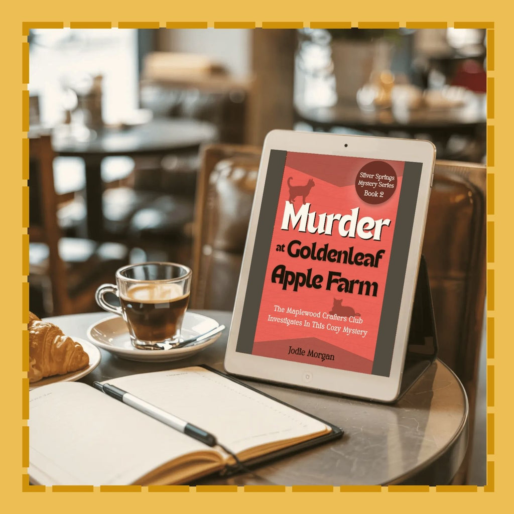 Tablet displaying a book cover on a table with a cup of coffee and a pastry.