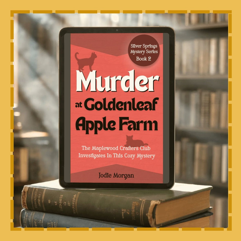 E-reader displaying 'Murder at Goldenleaf Apple Farm' on top of books with a blurred bookshelf background