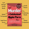Book cover of 'Murder at Goldenleaf Apple Farm' with text highlighting book elements on a yellow background