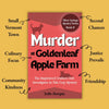 Book cover of 'Murder at Goldenleaf Apple Farm' with text highlighting book elements on a yellow background