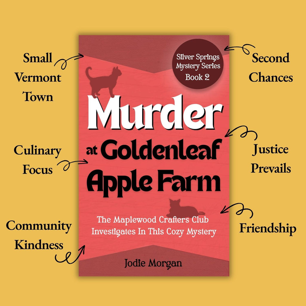 Book cover of 'Murder at Goldenleaf Apple Farm' with text highlighting book elements on a yellow background