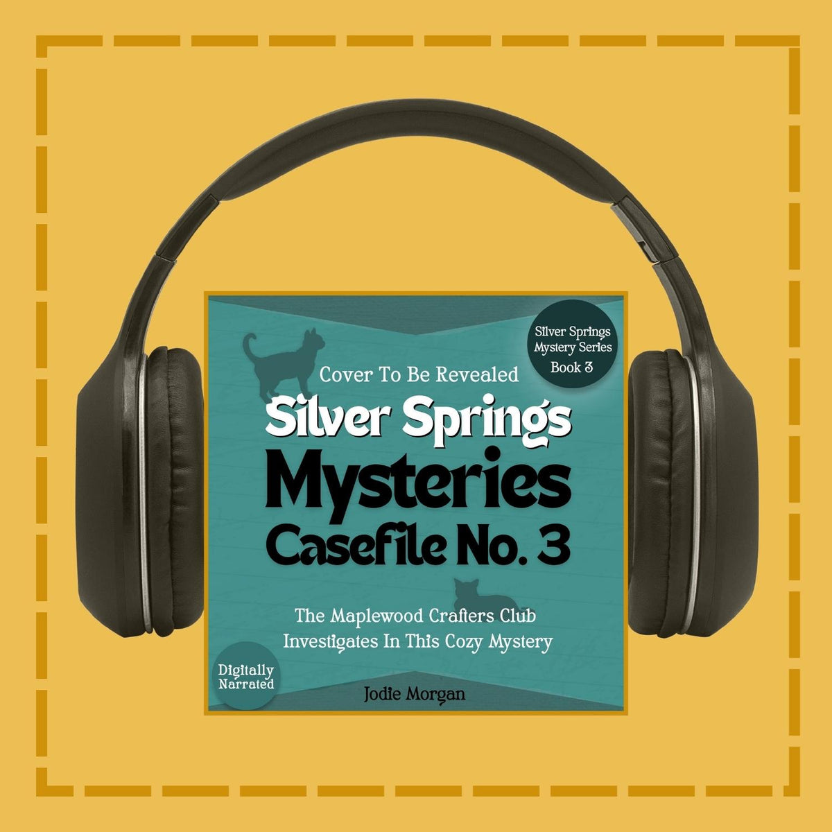 Headphones with a book cover titled 'Silver Springs Mysteries Casefile No. 3' on a yellow background