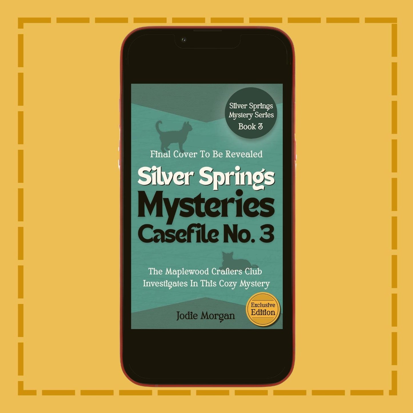 Phone displaying the cover of 'Silver Springs Mysteries Casefile No. 3' on a yellow background