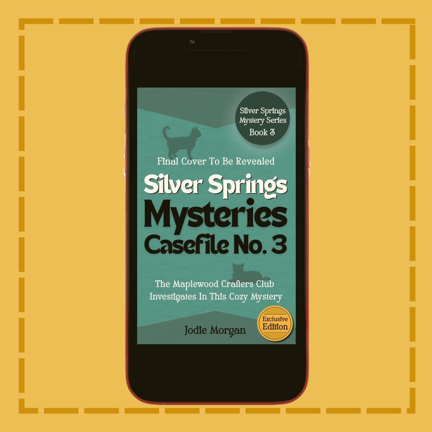 Phone displaying the cover of 'Silver Springs Mysteries Casefile No. 3' on a yellow background