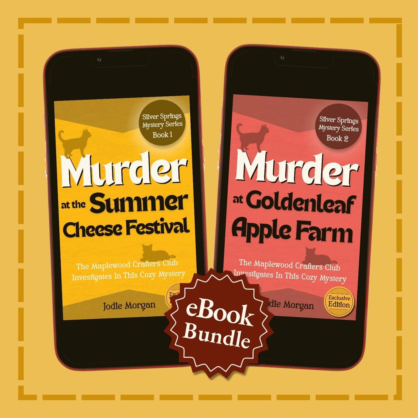 Two smartphones displaying book covers of 'Murder at the Summer Cheese Festival' and 'Murder at Goldenleaf Apple Farm' with a 'eBook Bundle' label on a yellow background.
