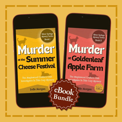 Two smartphones displaying book covers of 'Murder at the Summer Cheese Festival' and 'Murder at Goldenleaf Apple Farm' with a 'eBook Bundle' label on a yellow background.
