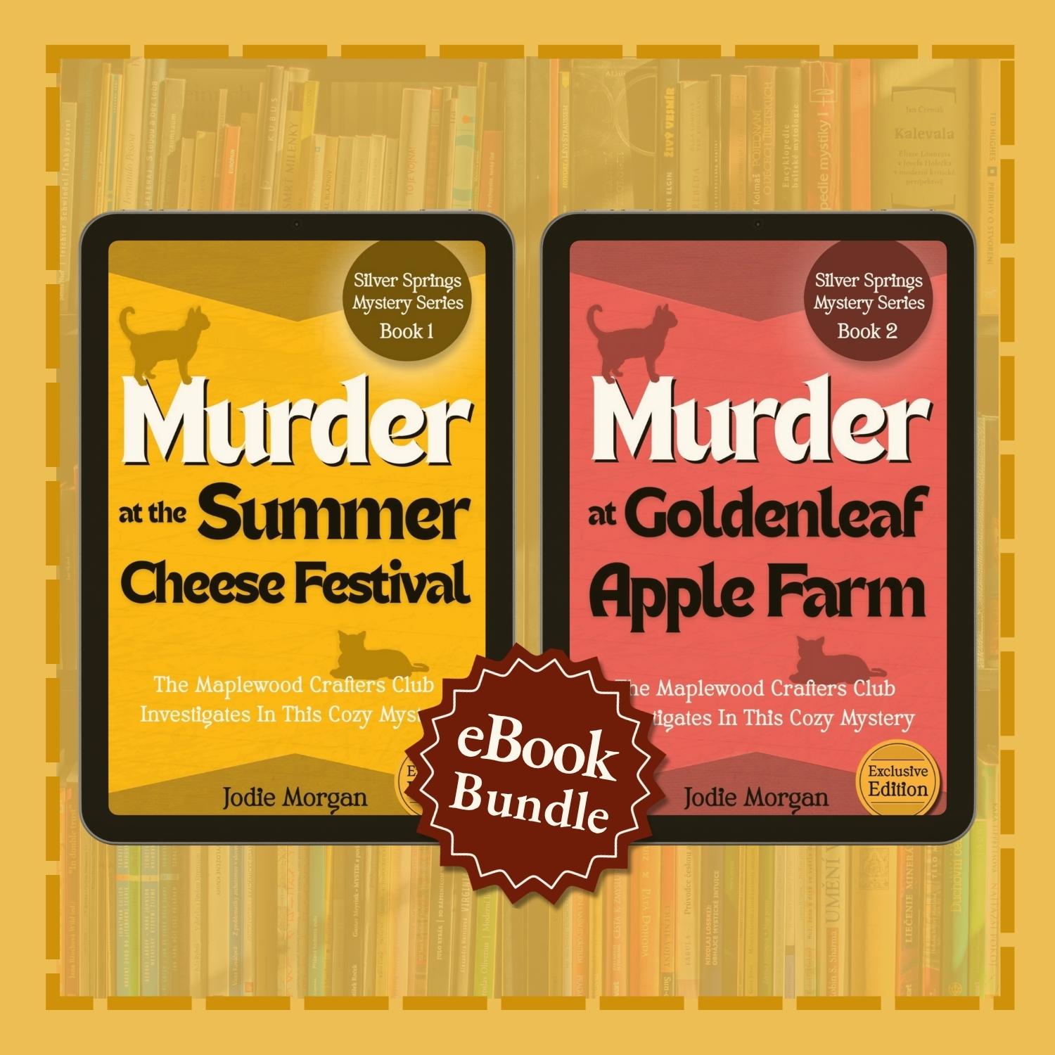 Two eBook covers for 'Murder at the Summer Cheese Festival' and 'Murder at Goldenleaf Apple Farm' with a 'eBook Bundle' label on a bookshelf background.