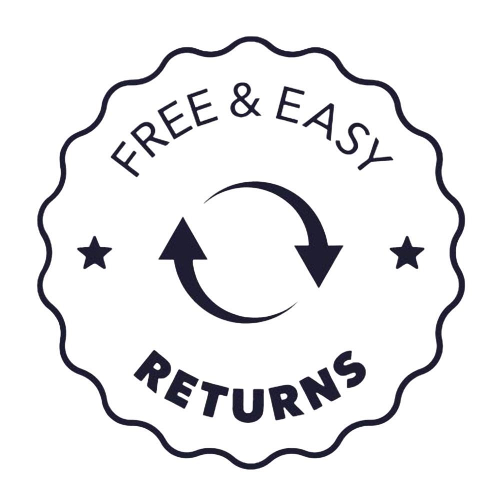 Circular logo with 'Free & Easy Returns' text and arrows on a white background