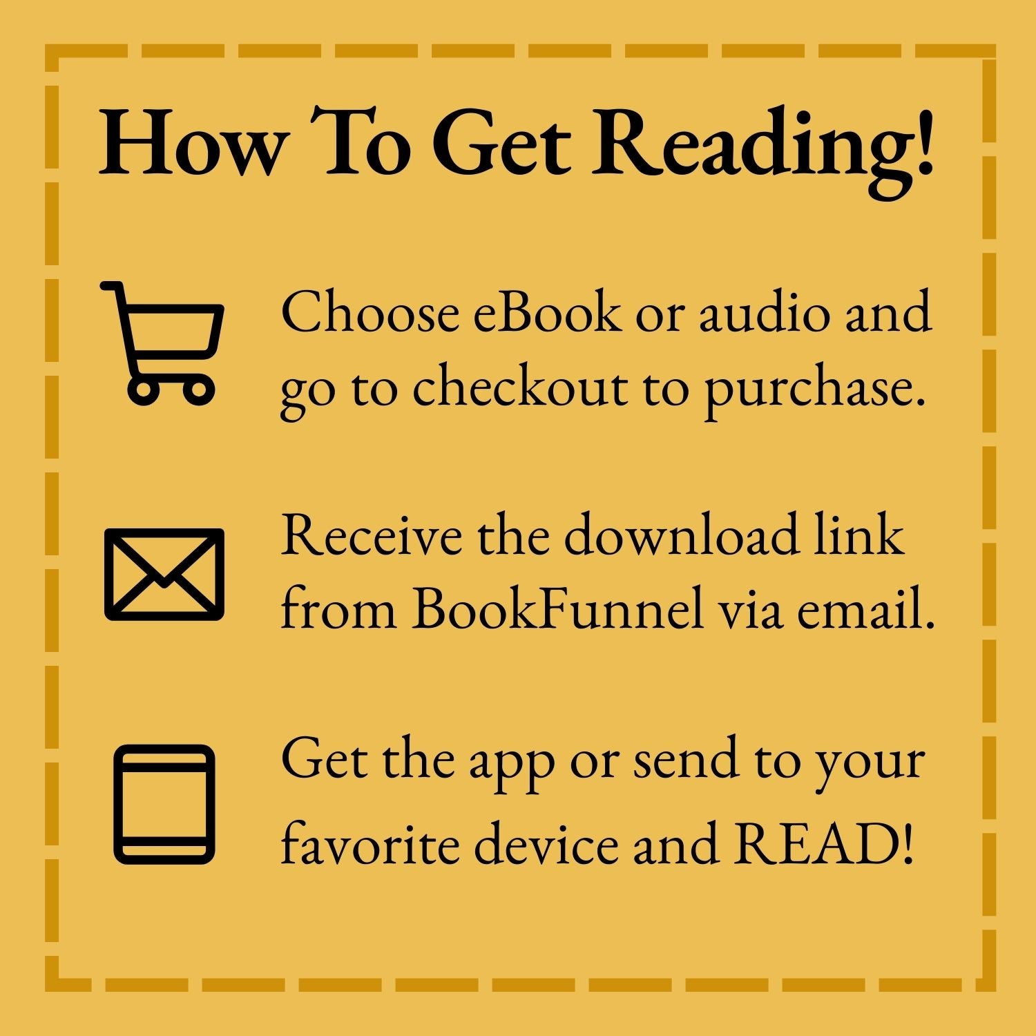 Instructions on how to get reading with BookFunnel on a yellow background