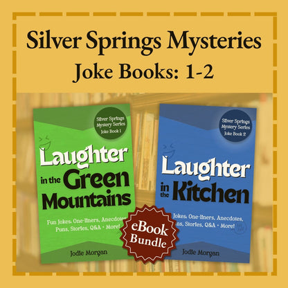 Two joke books titled 'Laughter in the Green Mountains' and 'Laughter in the Kitchen' with a yellow border.
