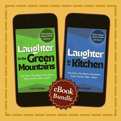 Two smartphones displaying 'Laughter in the Green Mountains' and 'Laughter in the Kitchen' on a yellow background with a 'eBook Bundle' label.