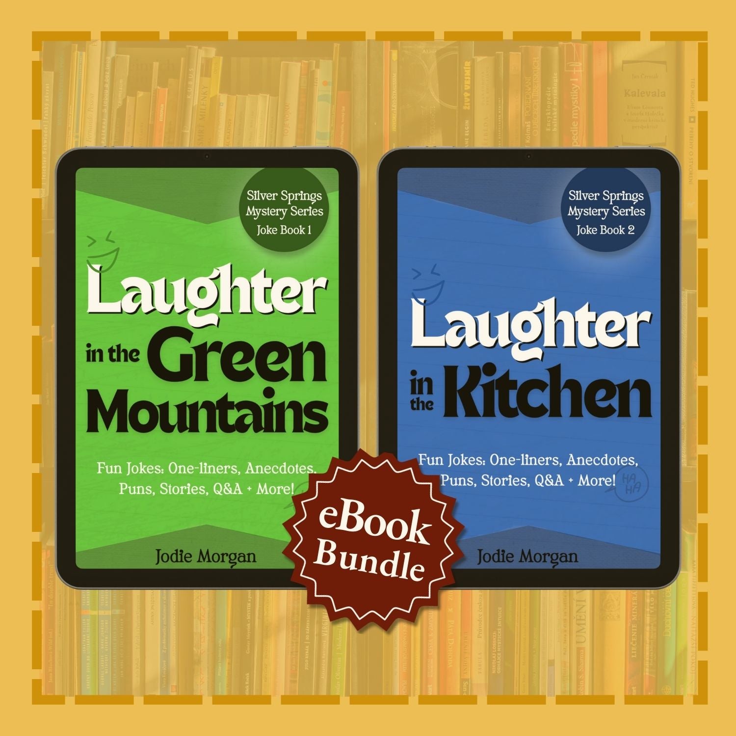 Two eBook covers titled 'Laughter in the Green Mountains' and 'Laughter in the Kitchen' with a red banner indicating an eBook bundle on a yellow background.