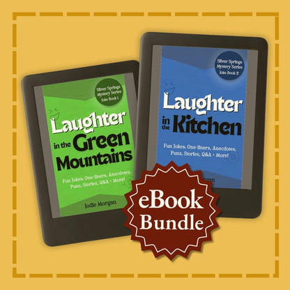 Two tablets displaying 'Laughter in the Green Mountains' and 'Laughter in the Kitchen' with a 'eBook Bundle' label on a yellow background.