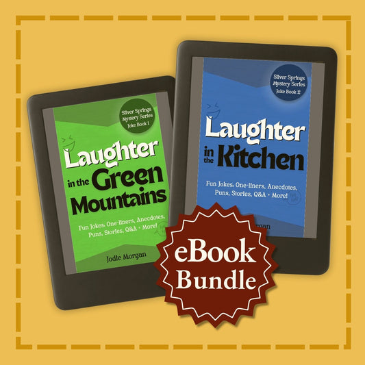 Two tablets displaying 'Laughter in the Green Mountains' and 'Laughter in the Kitchen' with a 'eBook Bundle' label on a yellow background.