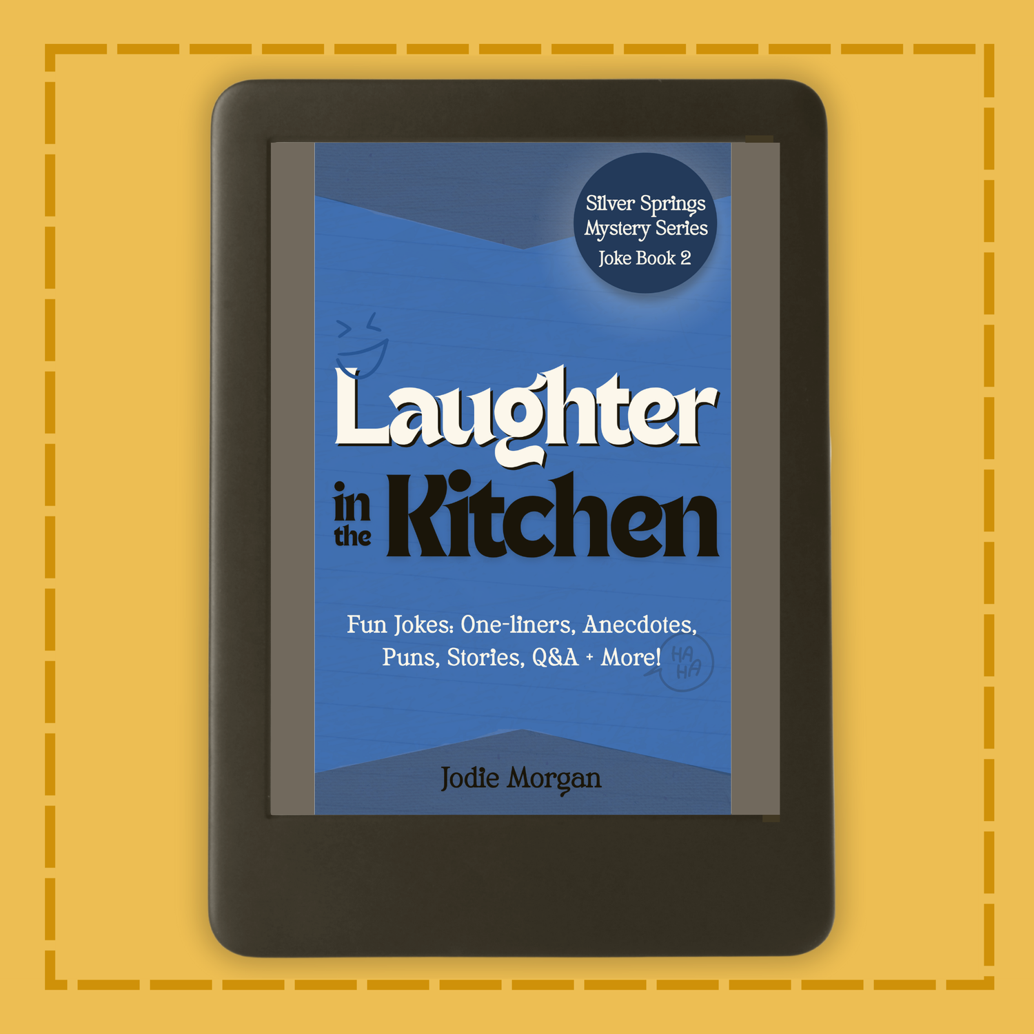 E-reader displaying the book cover of 'Laughter in the Kitchen' on a yellow background