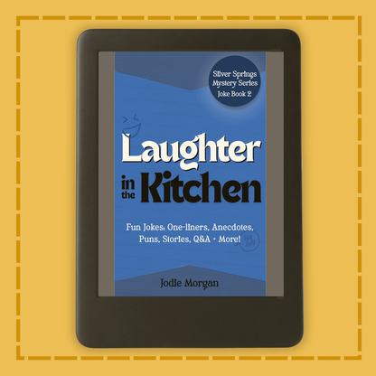 E-reader displaying the book cover of 'Laughter in the Kitchen' on a yellow background