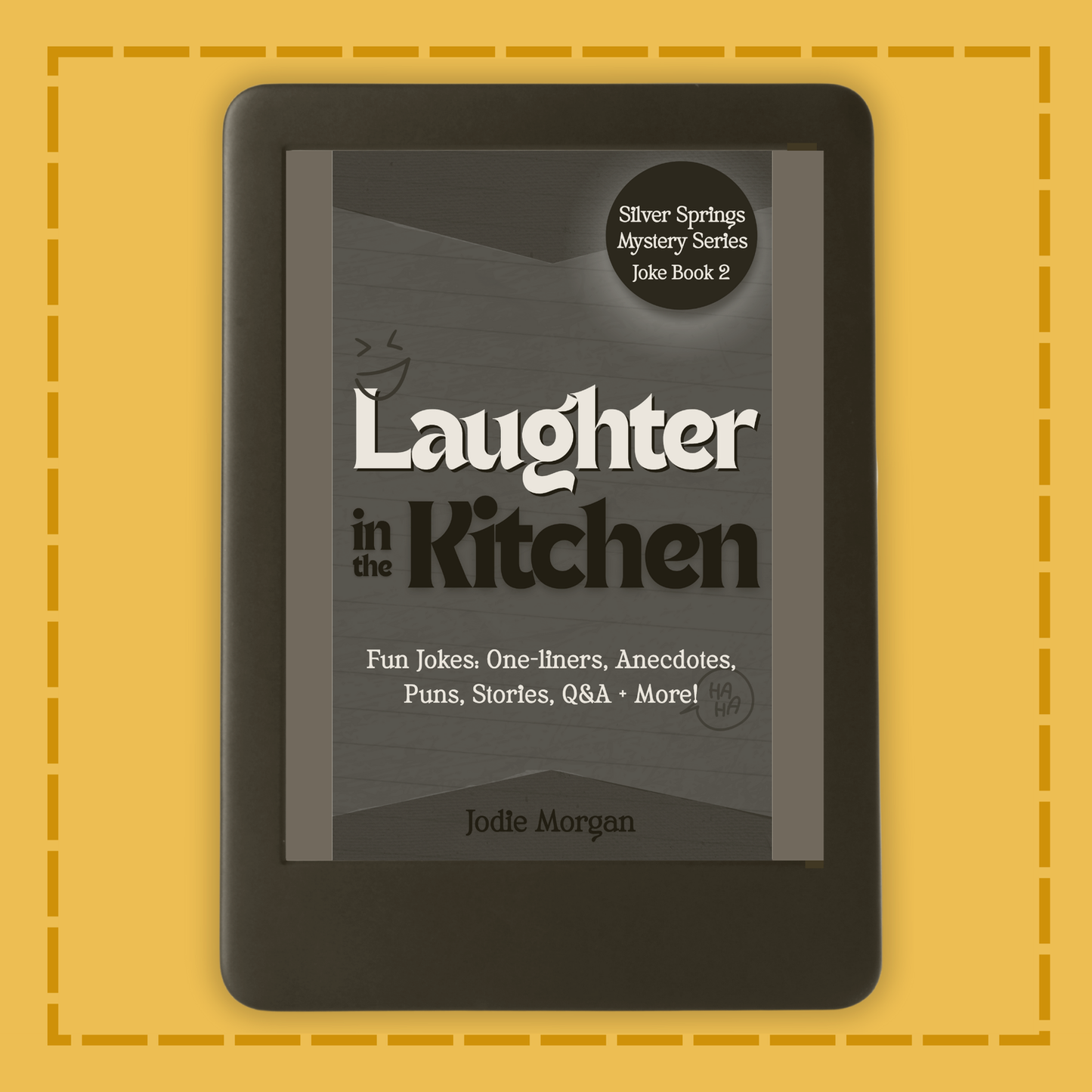 E-reader displaying the book cover of 'Laughter in the Kitchen' on a yellow background