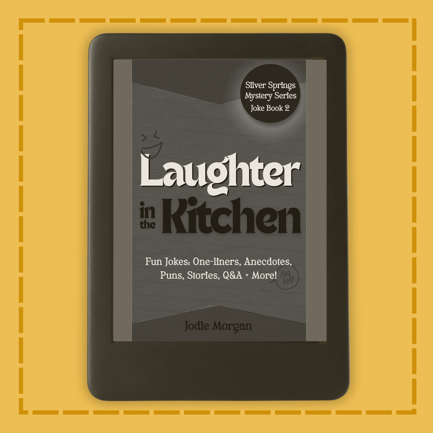 E-reader displaying the book cover of 'Laughter in the Kitchen' on a yellow background