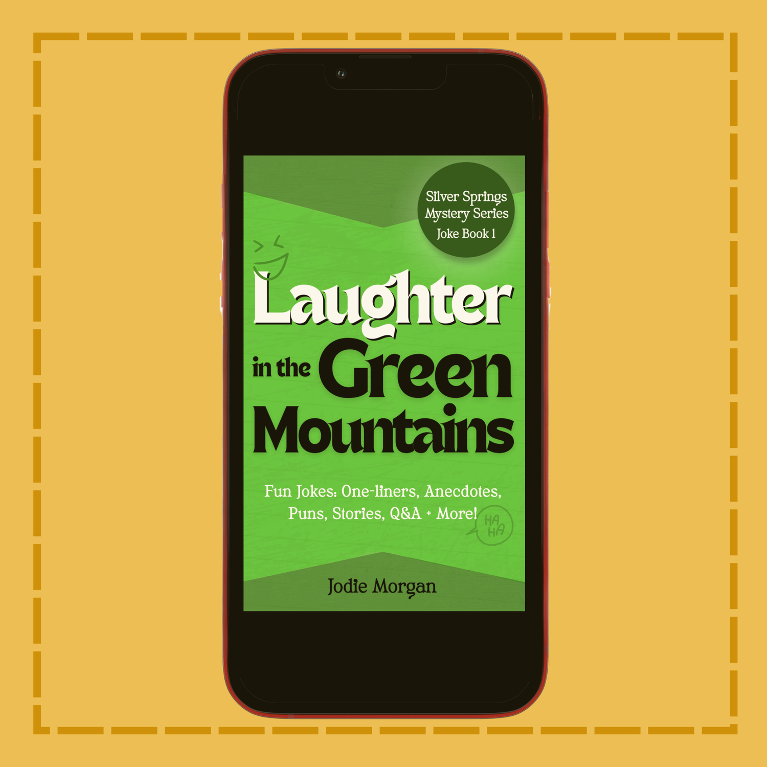 Phone displaying 'Laughter in the Green Mountains' book cover on a yellow background