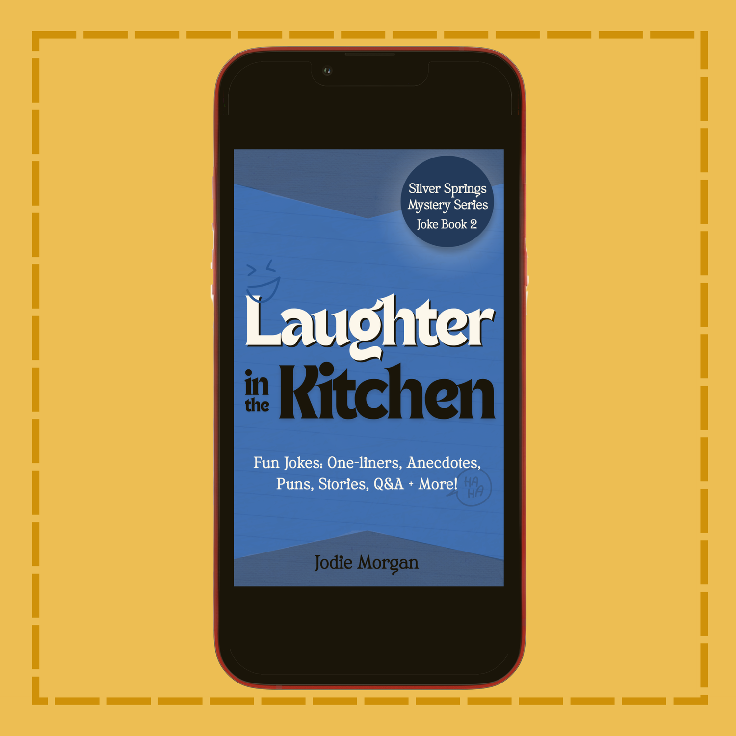 Phone displaying 'Laughter in the Kitchen' book cover on a yellow background