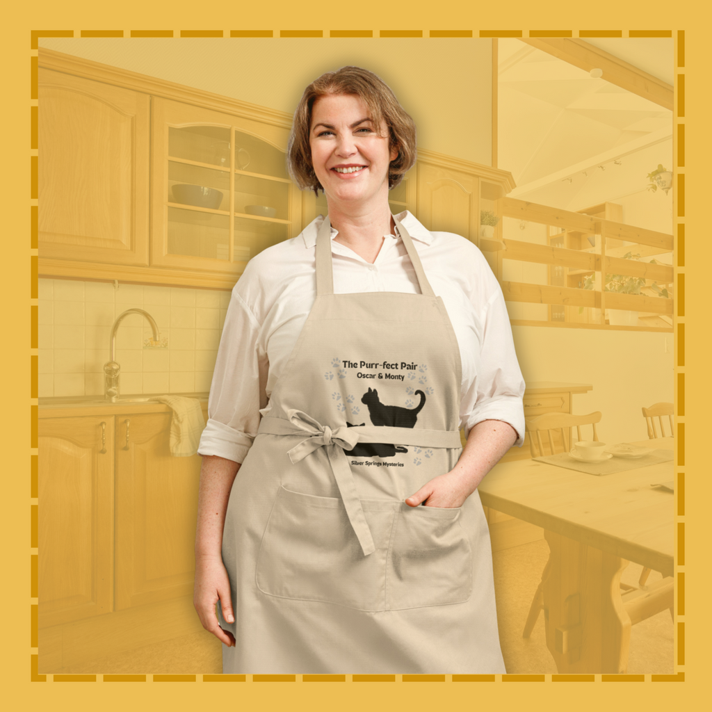 Person wearing a beige apron with a kitchen background