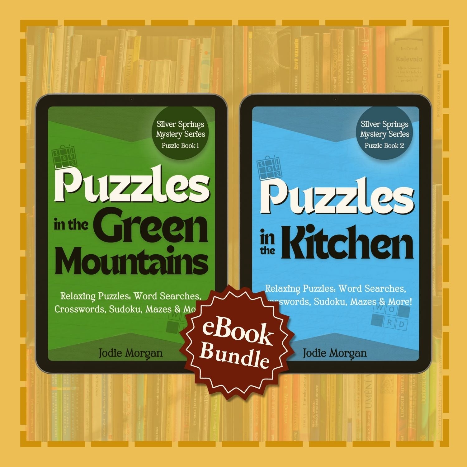 Two eBook covers titled 'Puzzles in the Green Mountains' and 'Puzzles in the Kitchen' with a red banner indicating an eBook bundle on a yellow background.