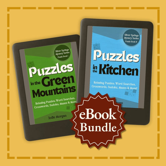 Two eBook covers titled 'Puzzles in the Green Mountains' and 'Puzzles in the Kitchen' with a 'eBook Bundle' label on a yellow background.