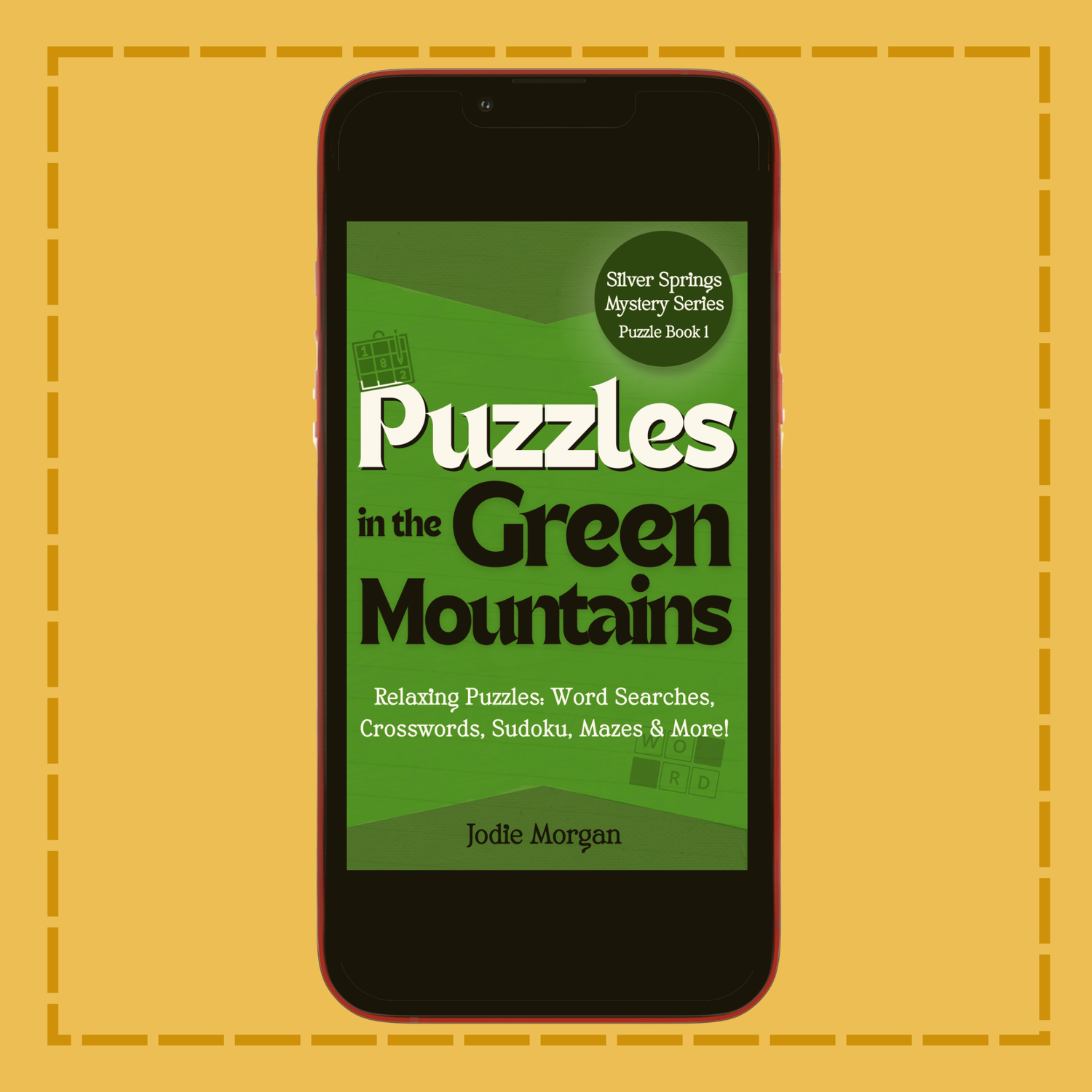 Phone displaying the cover of 'Puzzles in the Green Mountains' on a yellow background