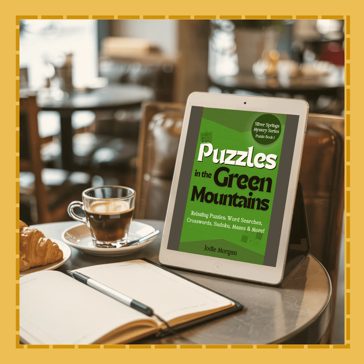 Tablet displaying 'Puzzles in the Green Mountains' on a table with a coffee cup and notebook.