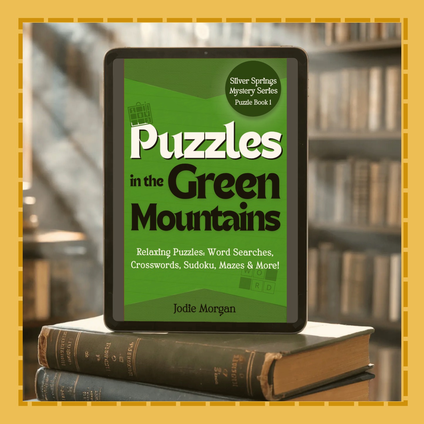 E-reader displaying 'Puzzles in the Green Mountains' on a stack of books with a blurred bookshelf background.