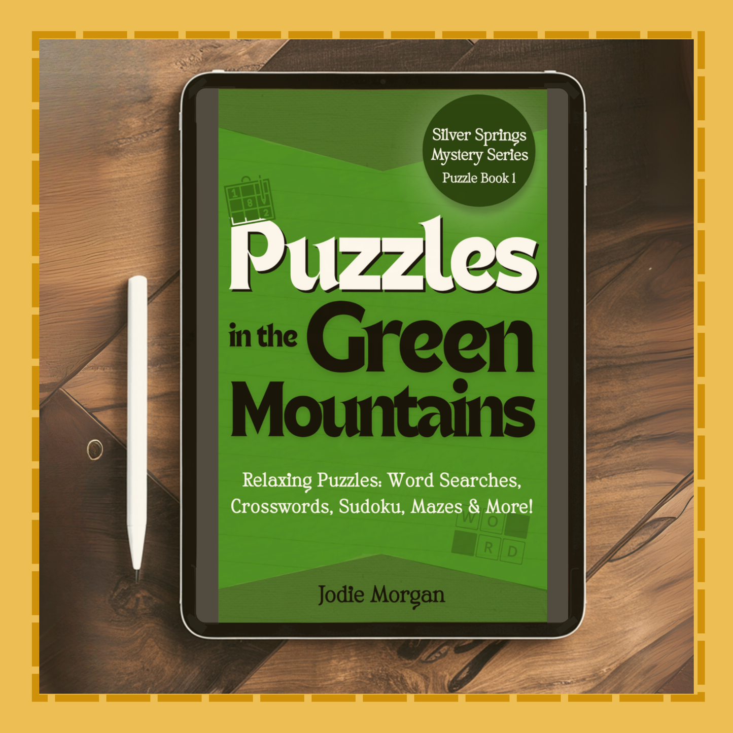 Tablet displaying a puzzle book cover titled 'Puzzles in the Green Mountains' on a wooden surface.