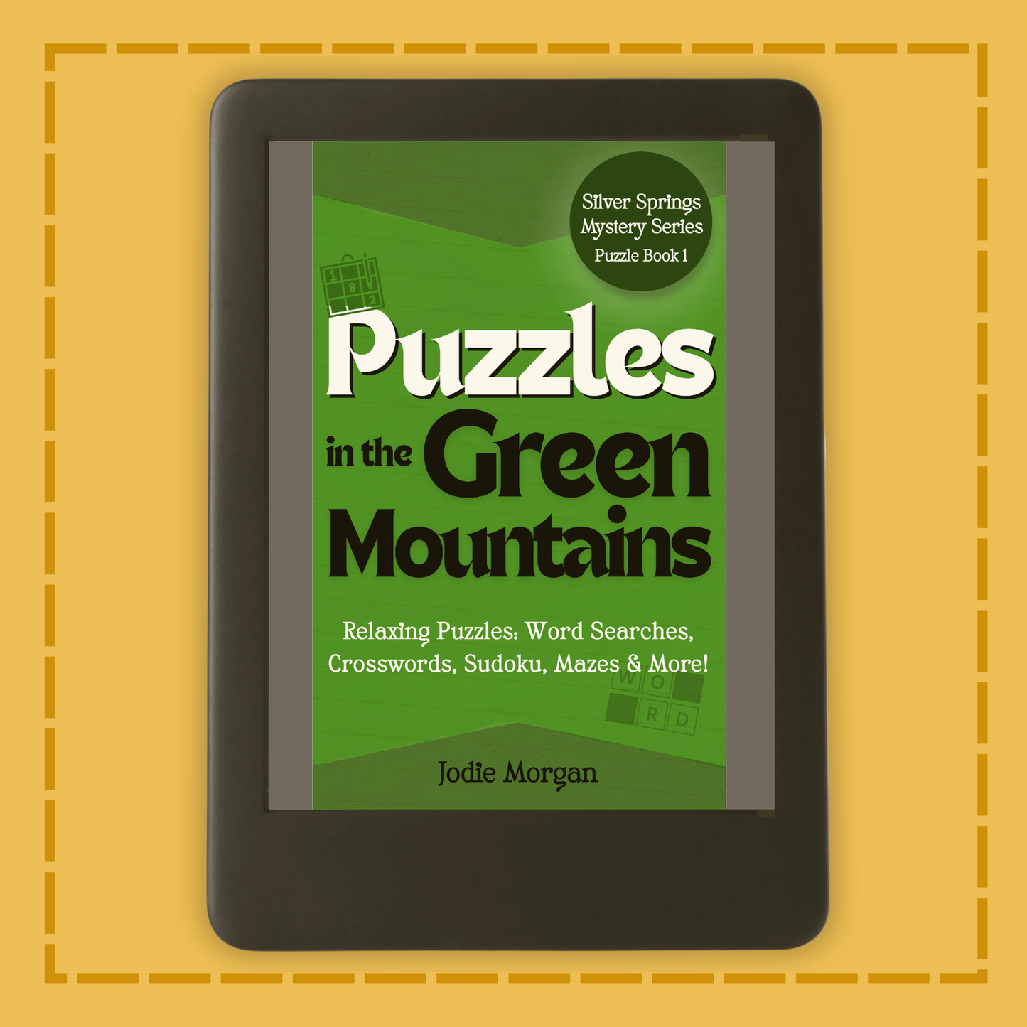 E-reader displaying 'Puzzles in the Green Mountains' on a yellow background