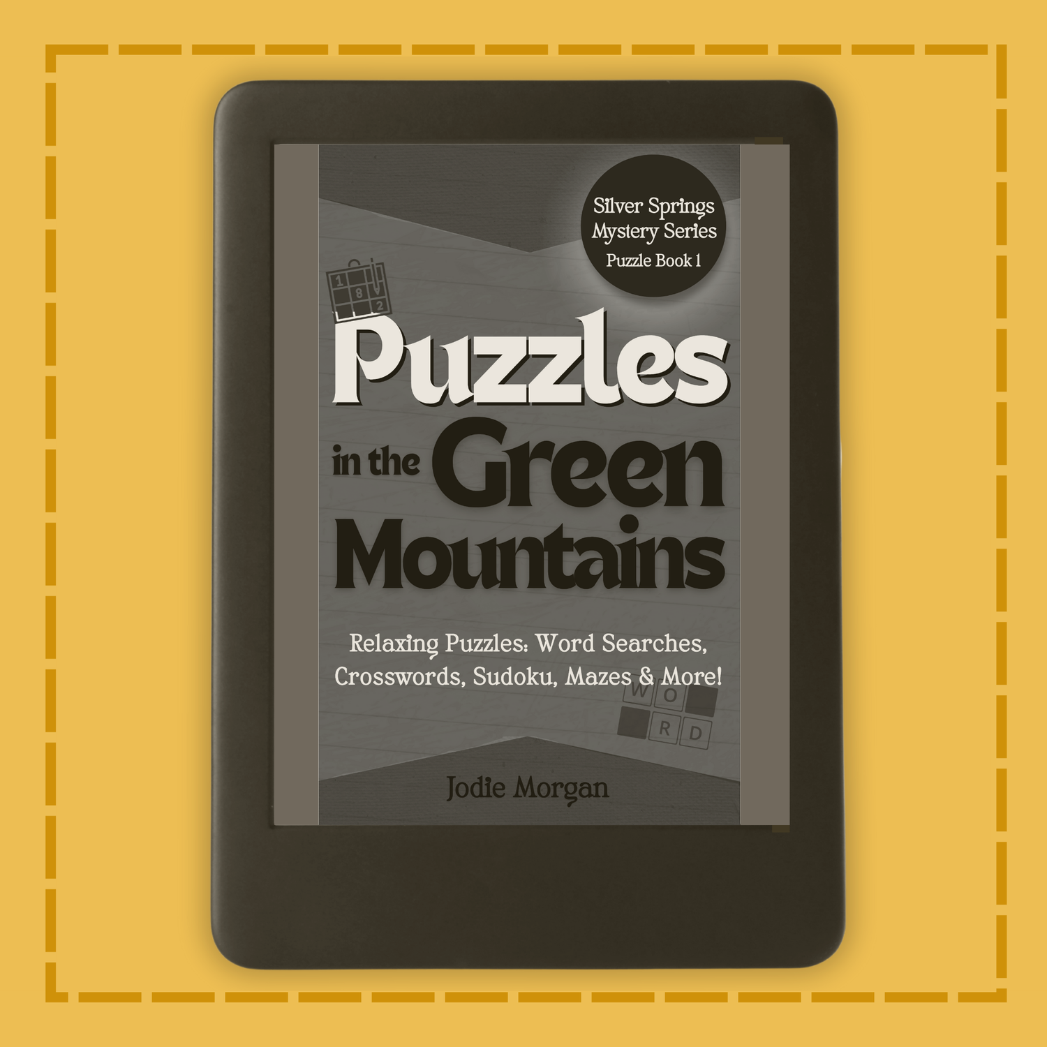 E-reader displaying 'Puzzles in the Green Mountains' on a yellow background