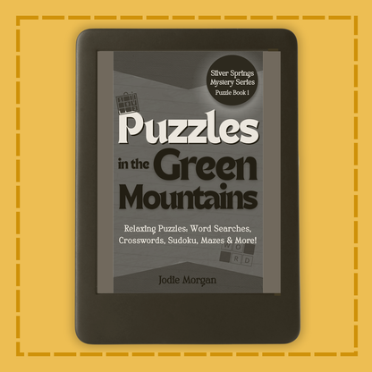 E-reader displaying 'Puzzles in the Green Mountains' on a yellow background