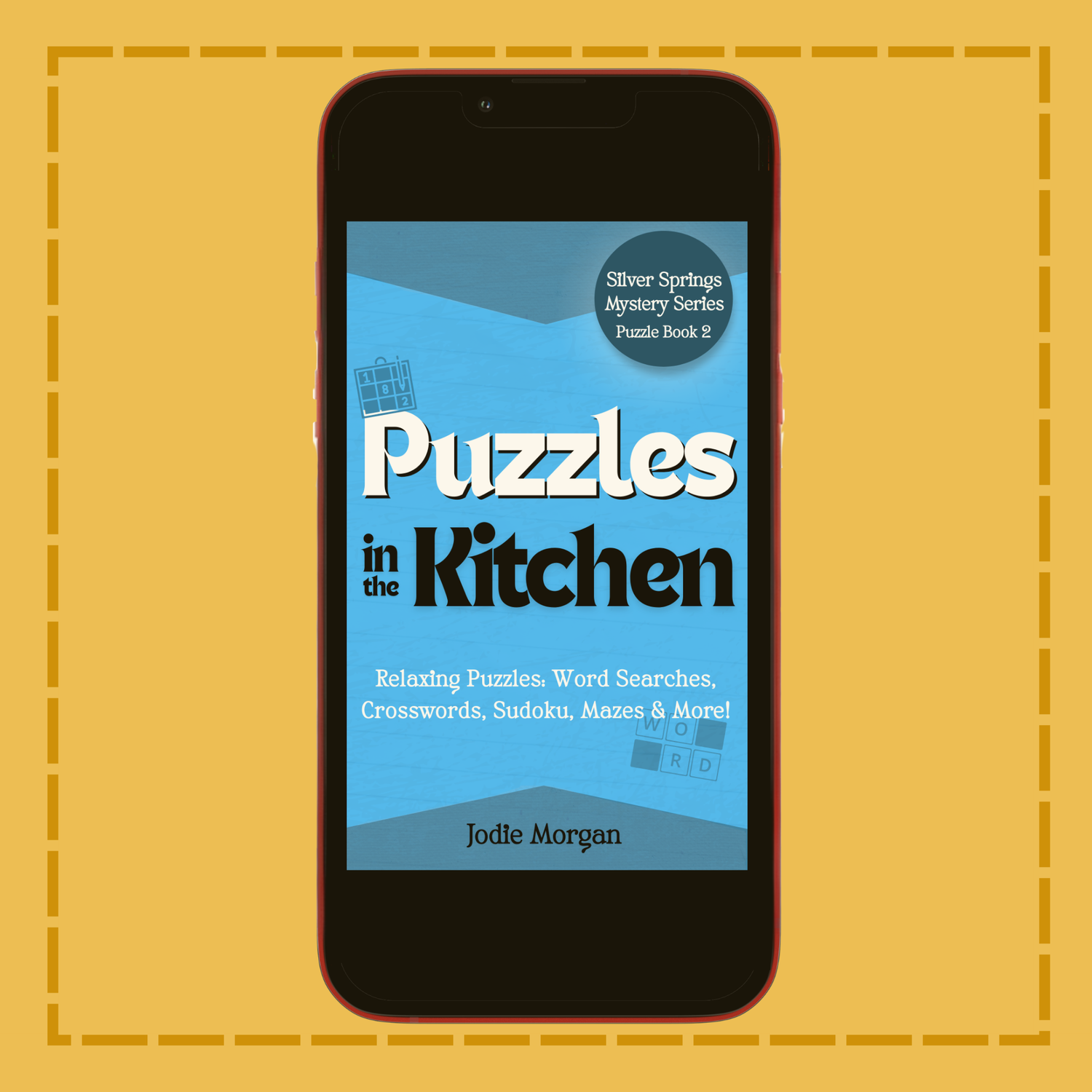 Phone displaying 'Puzzles in the Kitchen' book cover on a yellow background