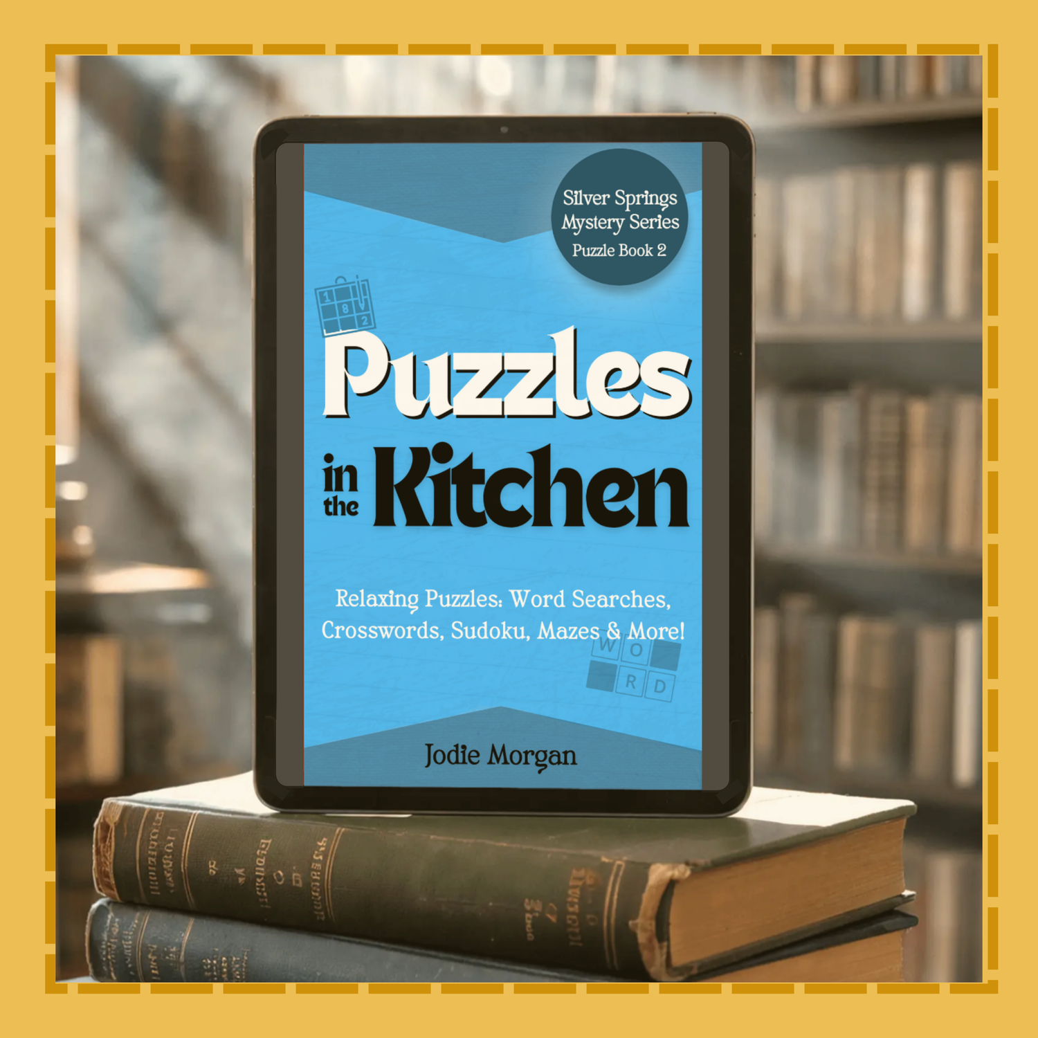 E-reader displaying 'Puzzles in the Kitchen' on top of two books with a blurred bookshelf background.