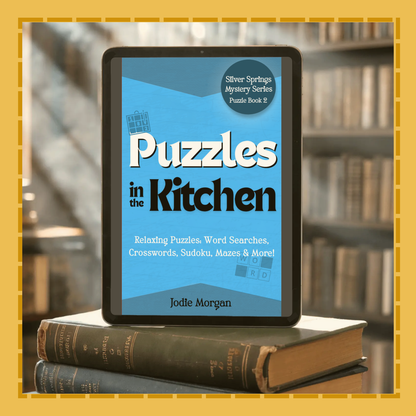 E-reader displaying 'Puzzles in the Kitchen' on top of two books with a blurred bookshelf background.