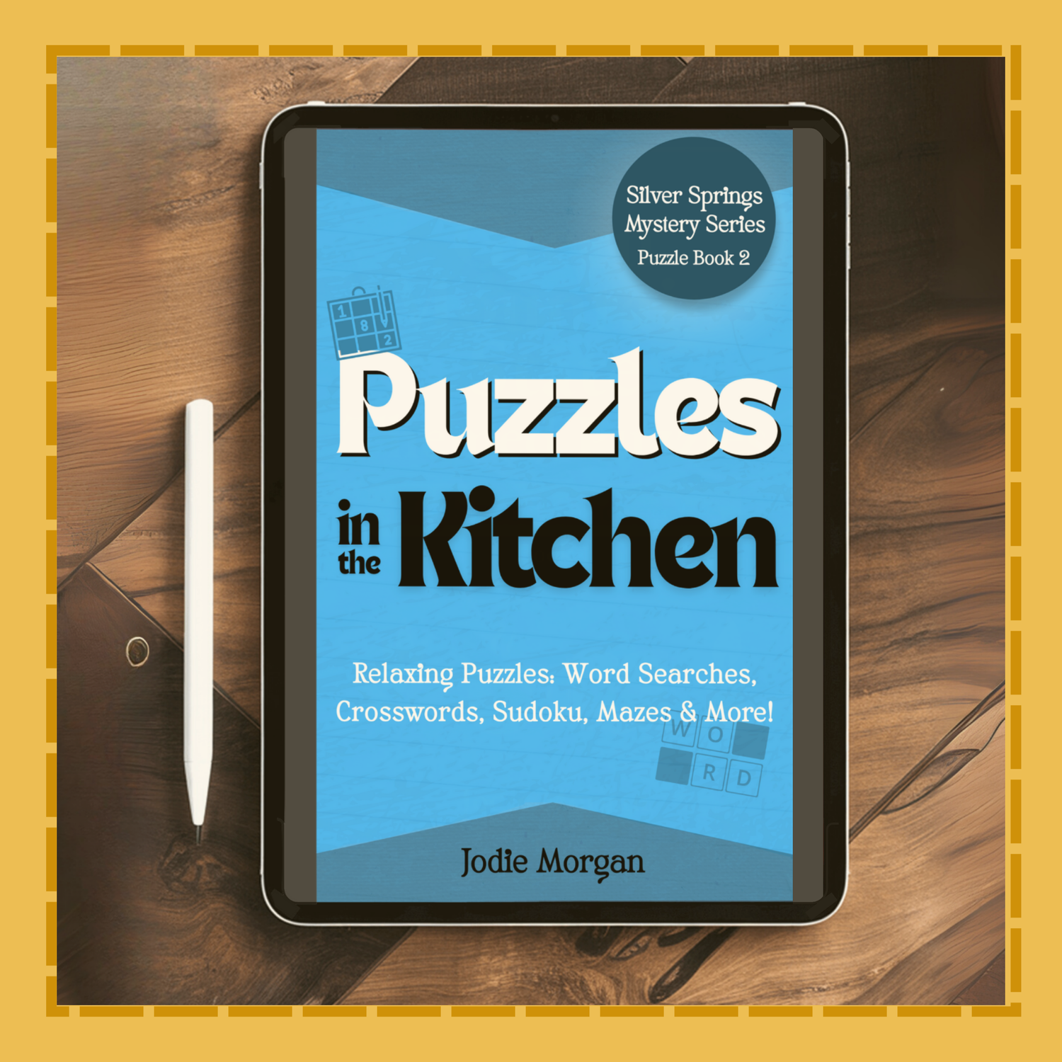 Tablet displaying 'Puzzles in the Kitchen' on a wooden surface with a pen.
