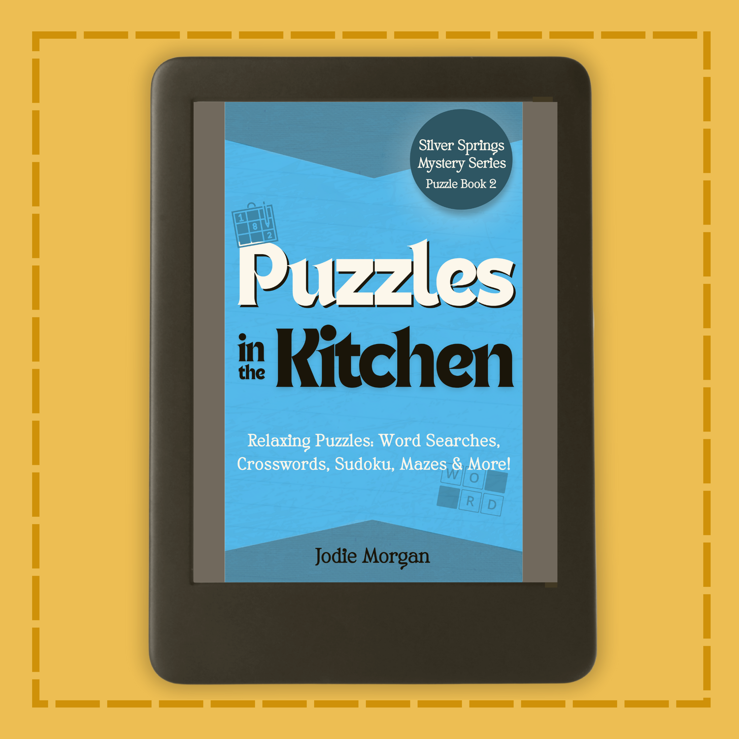 E-reader displaying the cover of 'Puzzles in the Kitchen' on a yellow background