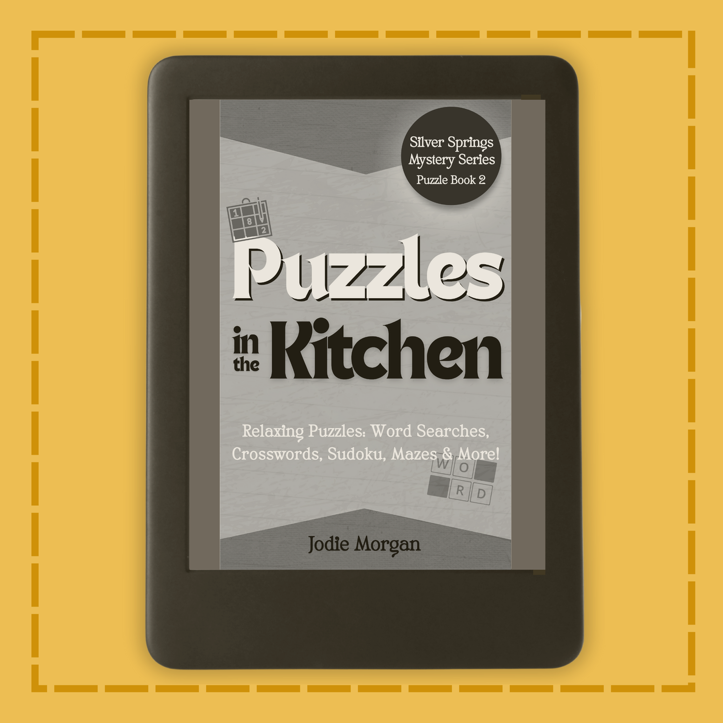 E-reader displaying 'Puzzles in the Kitchen' on a yellow background
