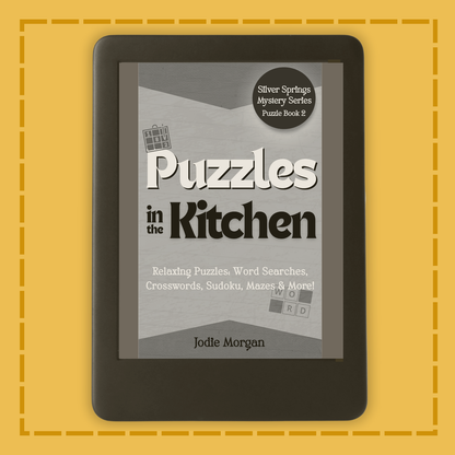 E-reader displaying 'Puzzles in the Kitchen' on a yellow background