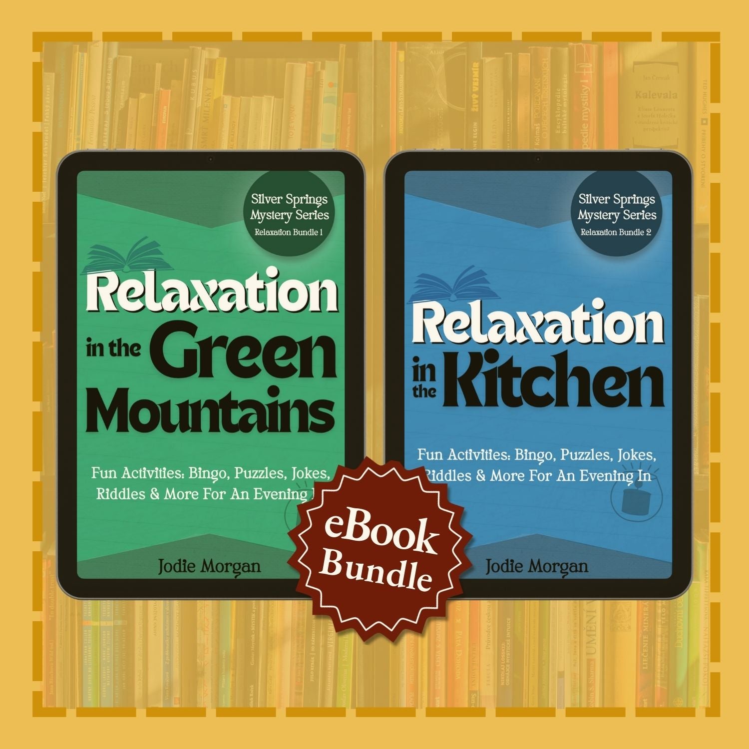 Two eBook covers titled 'Relaxation in the Green Mountains' and 'Relaxation in the Kitchen' on a yellow background with bookshelf pattern.