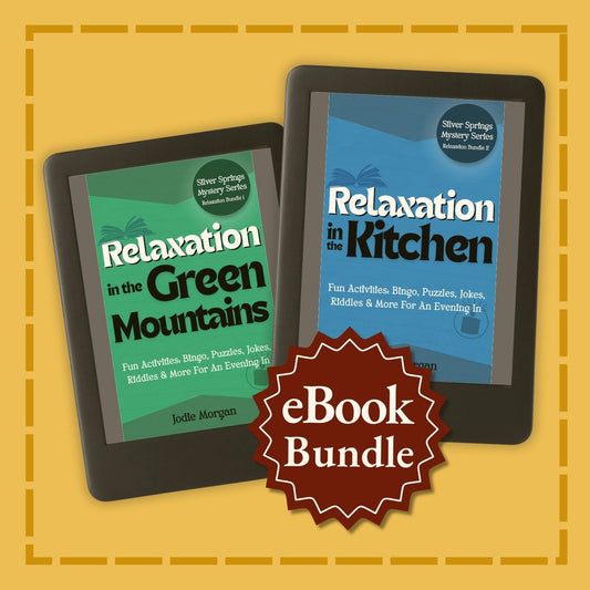 Two eBook covers titled 'Relaxation in the Green Mountains' and 'Relaxation in the Kitchen' on a yellow background with an 'eBook Bundle' label.