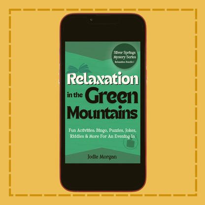 Phone displaying 'Relaxation in the Green Mountains' book cover on a yellow background