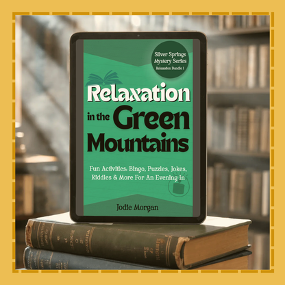 E-reader displaying 'Relaxation in the Green Mountains' book cover on top of two physical books with a blurred bookshelf background.
