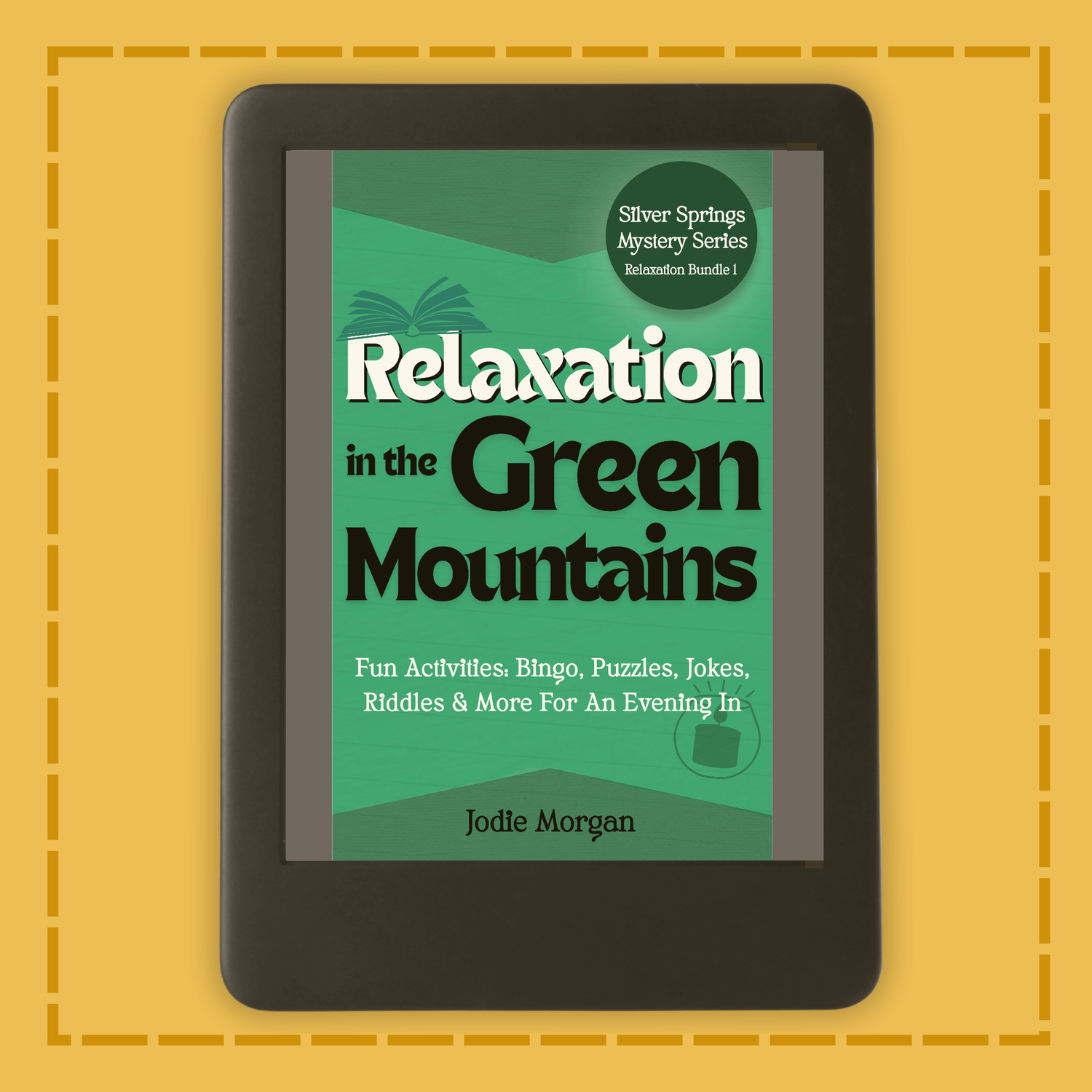 E-reader displaying a book cover titled 'Relaxation in the Green Mountains' on a yellow background